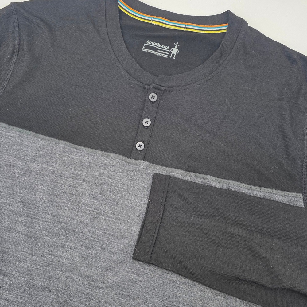 SMARTWOOL HENLEY SHIRT MENS LARGE BLACK GRAY LONG SLEEVE MERINO SPORT 150 EUC